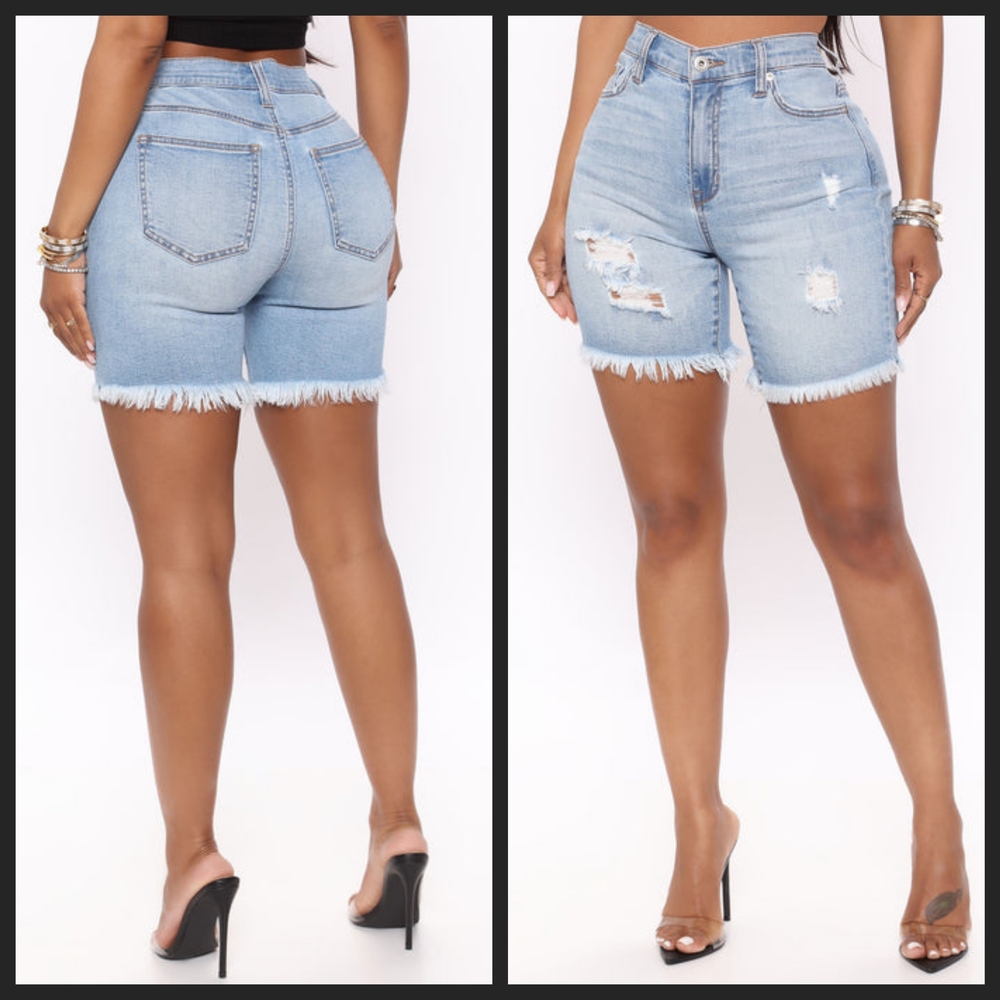 Fashion Nova Adrian Mid Rise Distressed Denim Bermudas - Light Blue Wash
